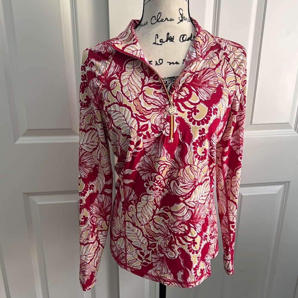 Lilly Pulitzer Red and Cream Fitted Long Sleeve Polo Blouse